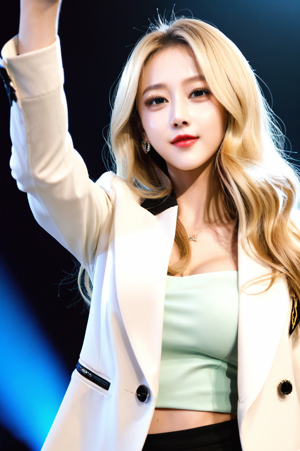 beautiful girl, amazing famous global kpop idol star, (from front:1.3), standing, (take photo), greeting, blonde hair, very long hair, wavy hair, (looking at viewer), white blazer, ((upper body shot)), huge breasts, close photo, <lora:K-Tuned06:0.5>, (concert:1.2),