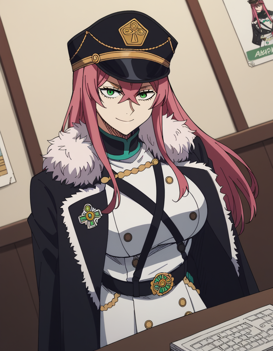 score_9, score_8_up, score_7_up, source_anime, <lora:princia-funnybunny-movie-ponyxl-lora-nochekaiser_r1:1>, princia funnybunny, long hair, green eyes, pink hair, red hair, crossed bangs, sidelocks, hat, jacket, belt, uniform, fur trim, military, military uniform, peaked cap, large breasts,, otaku room, posters, anime figures, computer, cluttered, smile, sitting, elbow rest, table,, looking at viewer, solo,, dutch angle, cowboy shot