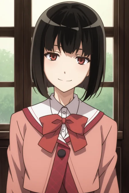 score_9, score_8_up, score_7_up, score_6_up, score_5_up, source_anime, rating_safe, indoors, 1girl, solo, medium breasts, looking at viewer, <lora:age_slider_v4:2>, yagami kagami, black hair, short hair, bob cut, red eyes, school uniform, pink uniform, white collar. pink bowtie, pink jacket, pink shirt, pink skirt, pleated skirt, black kneehighs, loafers, <lora:Kagami_Yagami:0.7>, smile