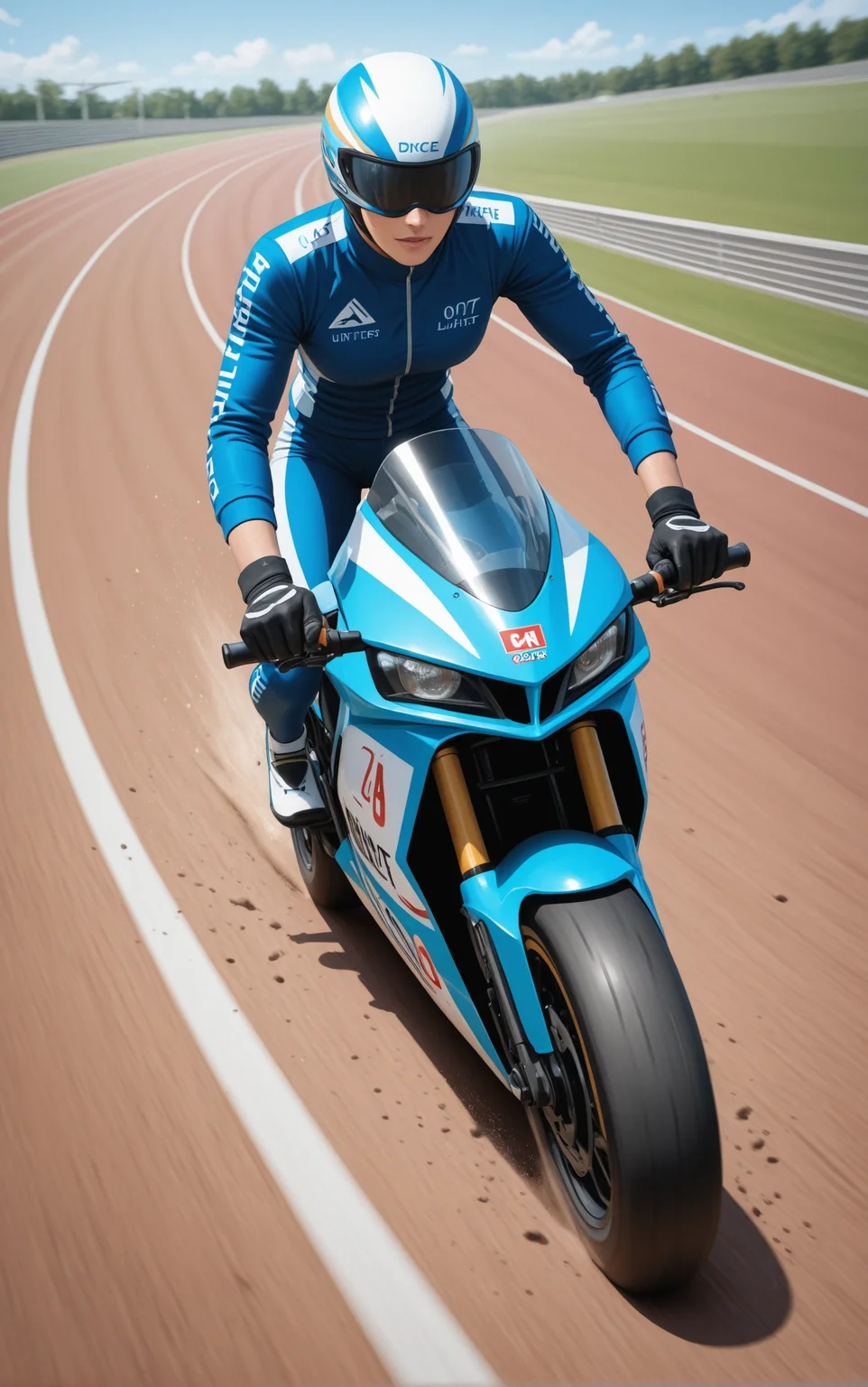 Stunt driver exceeds speed limit on a bike on a dirty road track..