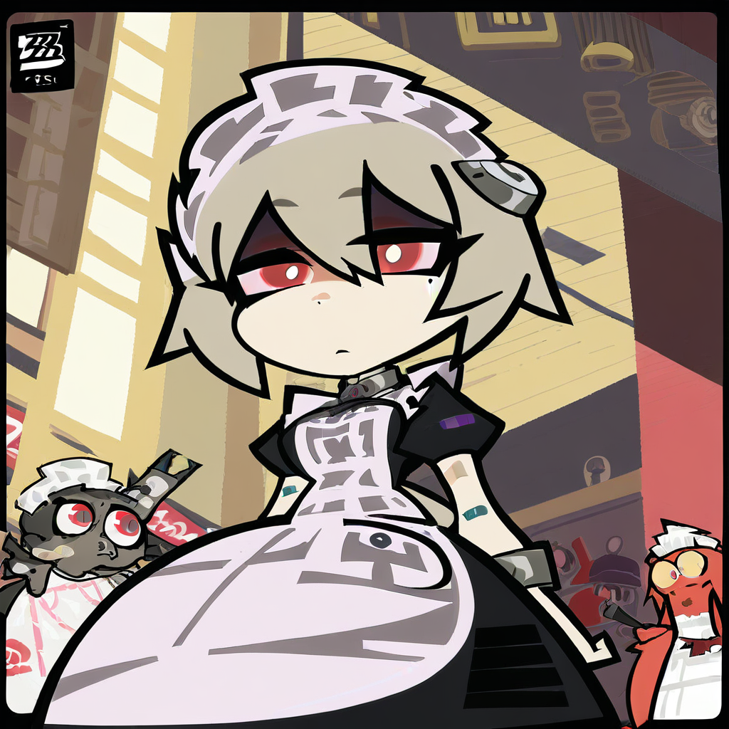 Zenless_Zone_Zero, 1girl, apron, bandaid, expressionless, frills, maid, white apron, waist_apron, maid apron, short hair, short sleeves, maid headdress, medium breasts, mole on arm, puffy sleeves, red eyes,