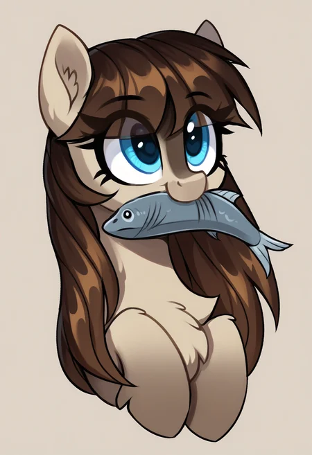 score_9, score_8_up, score_7_up, score_6_up, score_5_up, score_4_up, rating_safe, oc:frosty flakes, earth pony, female, fish, mare, pony, solo, chest fluff, cute, food, meat, mouth hold, oc, simple background, transparent background, looking up, ponies eating meat, ear fluff, oc only, eye clipping through hair, ocbetes, yakutian horse, detailed, beautiful, <lora:Snow_Ponies-000008:1>
