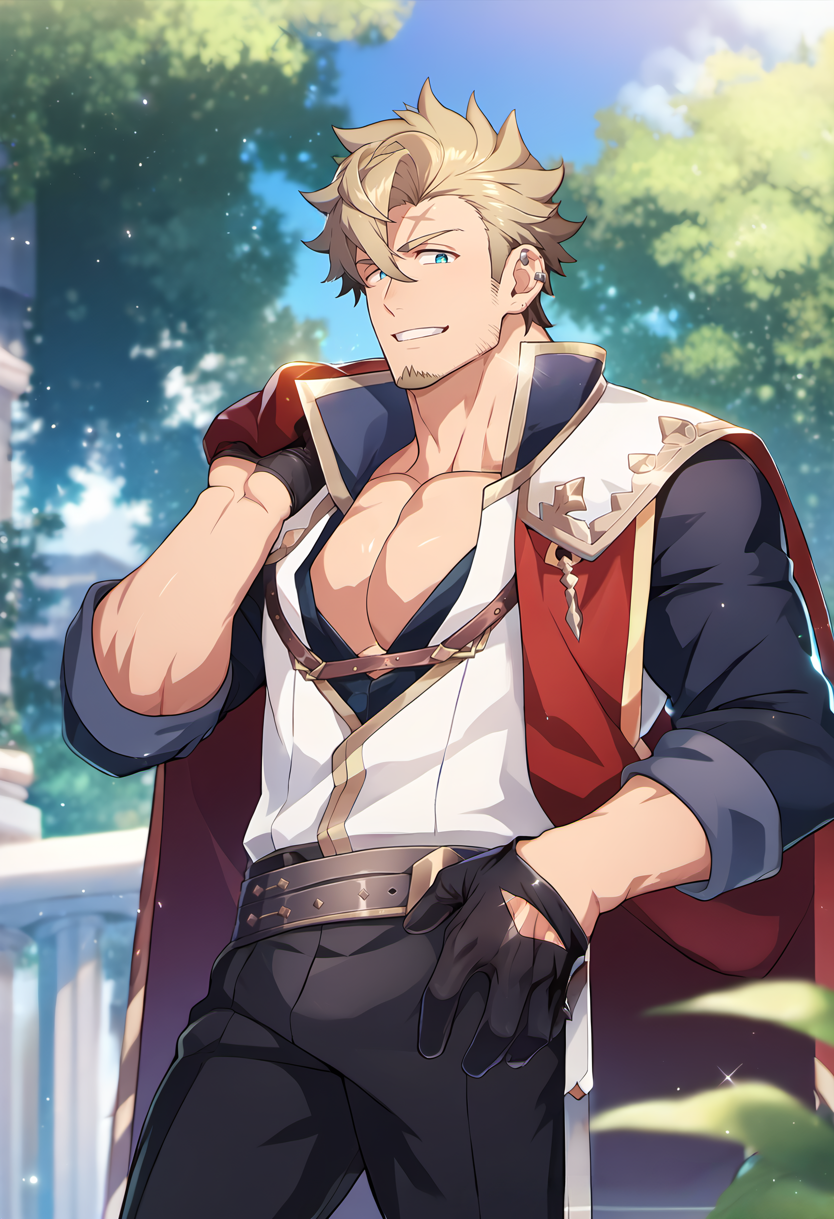 <lora:Curran:0.8>, score_9_up, score_8_up, score_7_up, score_6_up, ((source_anime)), anime, best quality, amazing quality, best aesthetic, amazing aesthetic, absurdres, year2023, curran, male focus, 1boy, solo, cowboy shot, bara, pectorals, muscular, mature male, large pectorals, gloves, goatee, stubble, jewelry, pants, shirt,