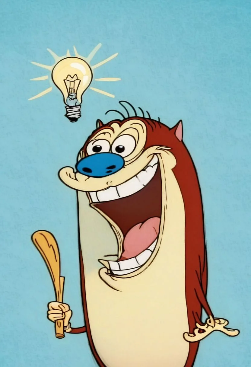 upper body, stimpy, expression, laughing, teeth, light bulb moment above head, eureka, pale blue background,
no humans, easynegative, By bad artist