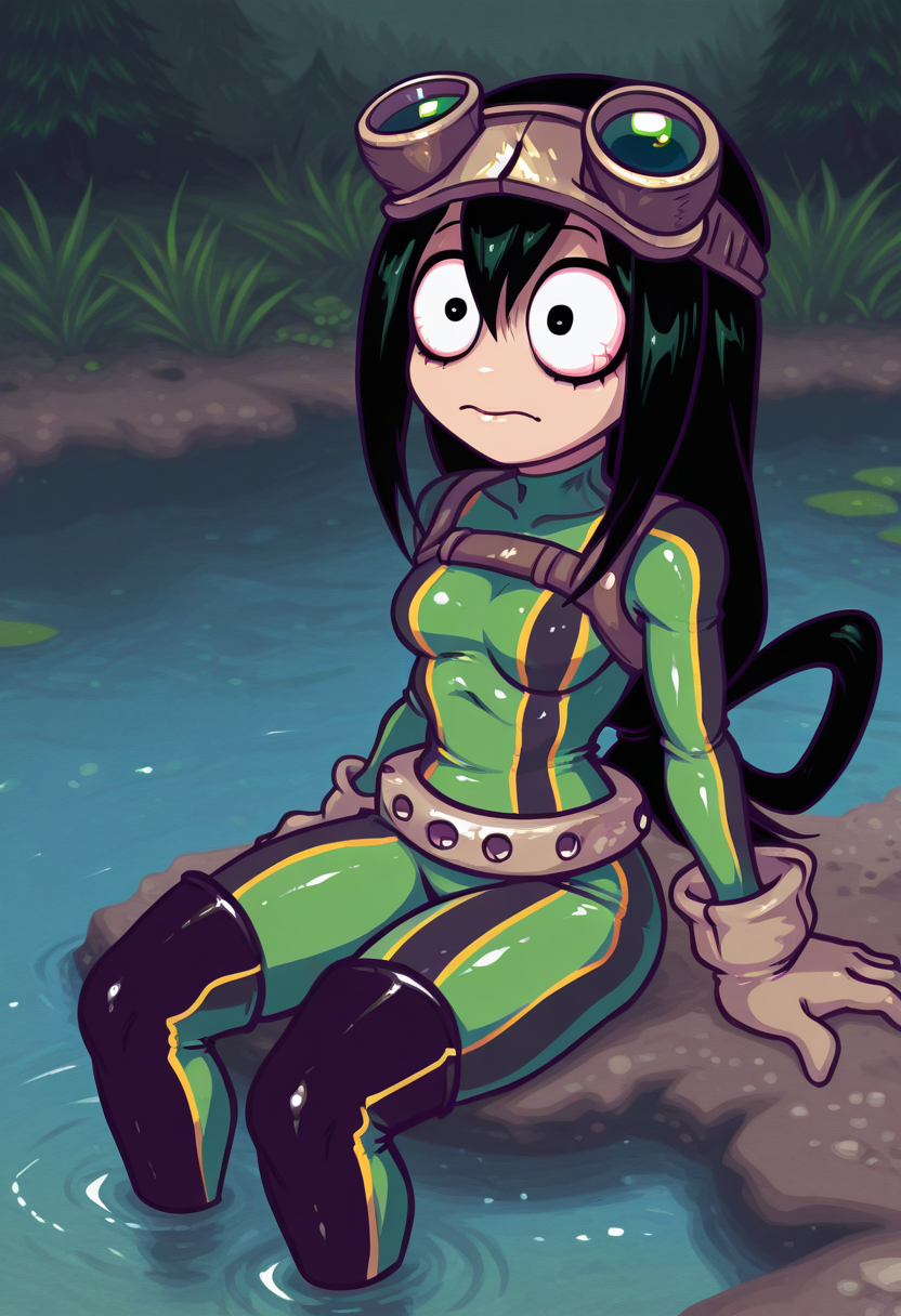 55Mstyle, gonzossm style,  masterpiece, best quality, solo,              ,Tsuyu Asui,  textured, sitting in water, water pond,  sultry, big eyes, black hair, GREEN BODYSUIT, GOGGLES, small breasts,ird, wide eyes,