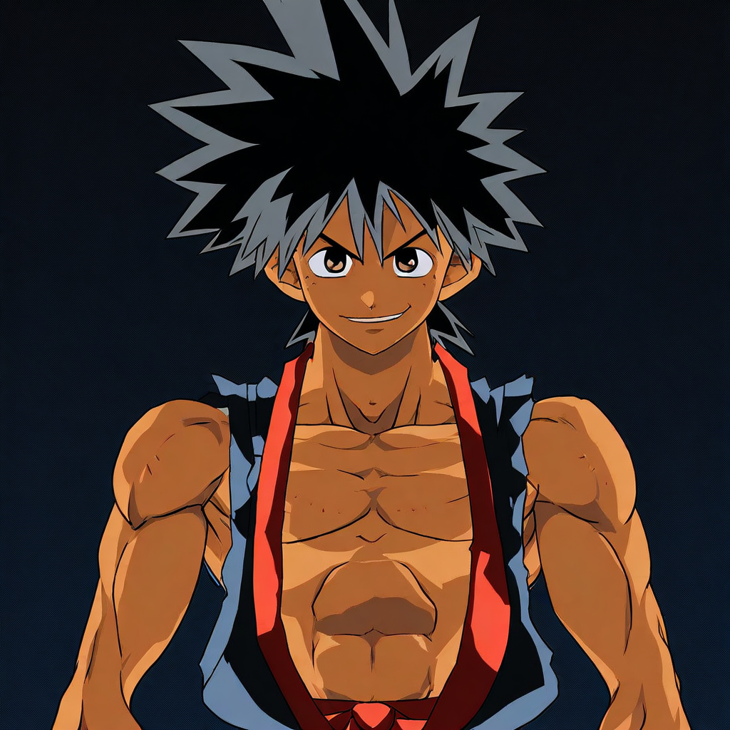 official style, male focus, solo, Yama, black hair, spiky hair, brown eyes, topless, smirk, sleeveless karate outfit, dougi, upper body
