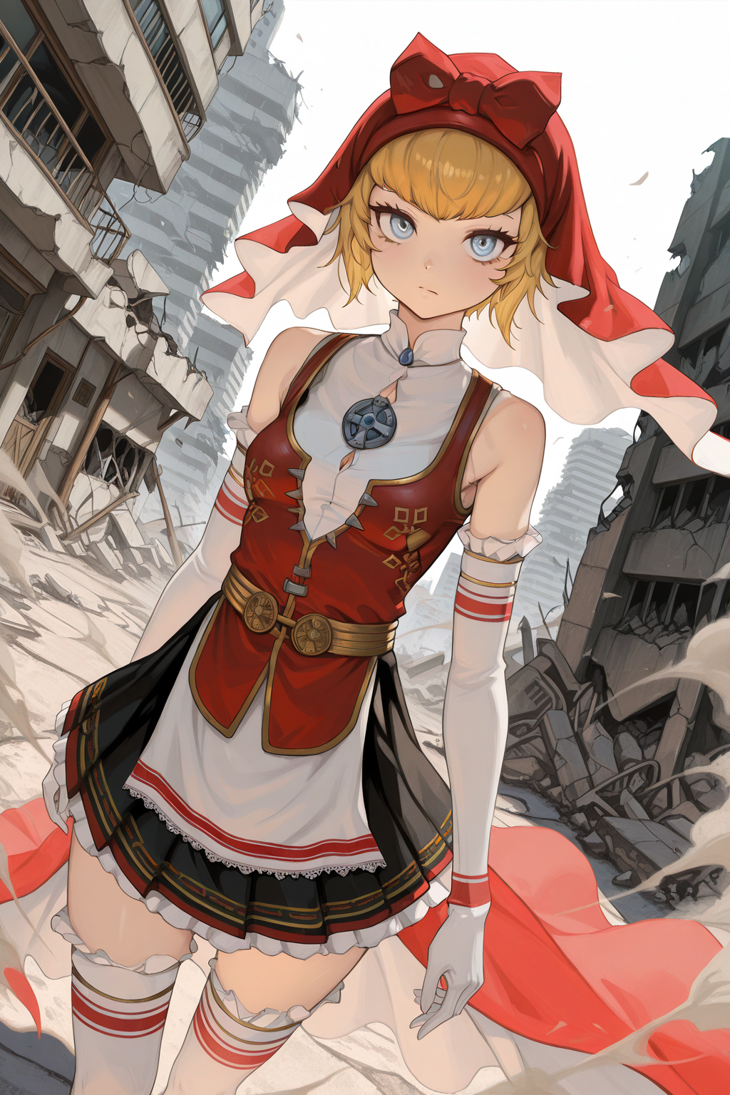 1girl,
IdunnShinMegamiTensei,
general, solo, perspective, dutch angle, upper body,
short hair, blonde hair, detailed eyes,
red hood, elbow gloves, 
skirt, white thighhighs,
looking at viewer, walking,
tokyo, ruins, building, wind, dust,
<lora:kp_IdunnShinMegamiTenseiIllustrious_v1_0:1.0>,
masterpiece, best quality, amazing quality