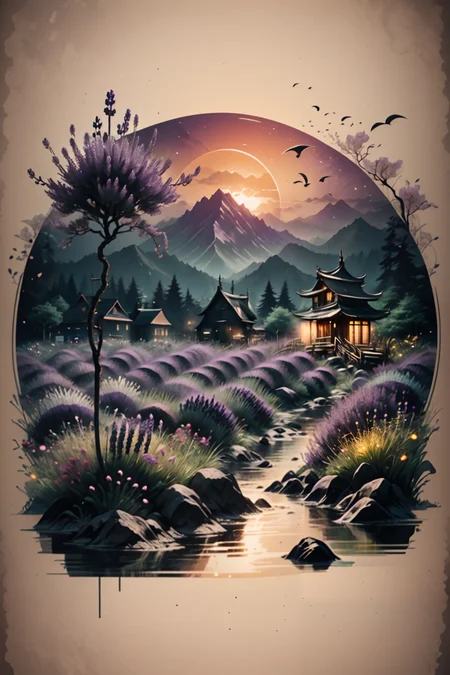 <lora:Calligraphy-ink-style-darquelilly-v1:1> calligraphyinkstyle, a lavender field with lupins, harmonic fusion, volumetric lighting, night time, moonlight, black background, <lora:dAIversity-LoRAtest-Photoreal-SD15-01:0.7>,, detail colour is purple, yellow zirkons <lora:Crystals:0.7> crystalz