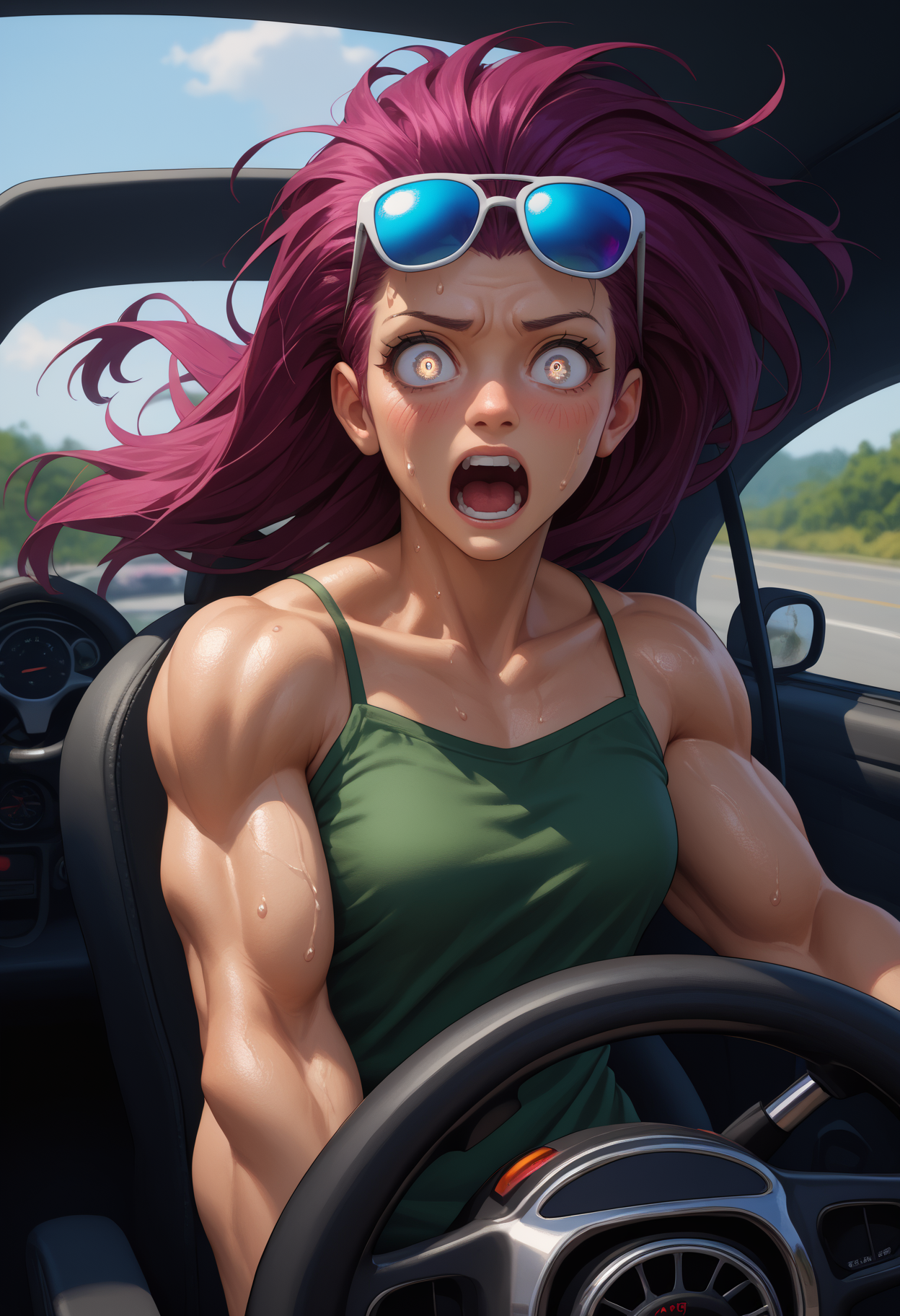 score_9, score_8_up,score_7_up, source_anime, 1girl, solo, <lora:Drksdfry_pdxl_EliPot:1>  drksdfry, long hair, glowing eyes, white eyes, no pupils, purple hair, toned, muscular, muscular female,
eyewear on head, sunglasses, !, !!, blush, green shirt, driving, looking at viewer, motion blur, open mouth, shirt, short sleeves, spaghetti strap, steering, steering wheel, surprised, sweat, upper body, screaming, panicking, wide-eyed,