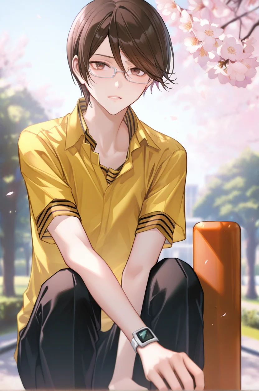 artist:gomzi,artist:wanke,artist:diyokama, rei_(sanbonzakura),[[artist:fuzichoco]],year 2023, 
park, solo, 1boy, male focus,
takagi keisuke, brown eyes, brown hair, short hair, white-framed eyewear,
striped shirt, brown shirt, yellow shirt, short sleeves,
black pants, <lora:ds_majorcharacters.ilxl:0.8>