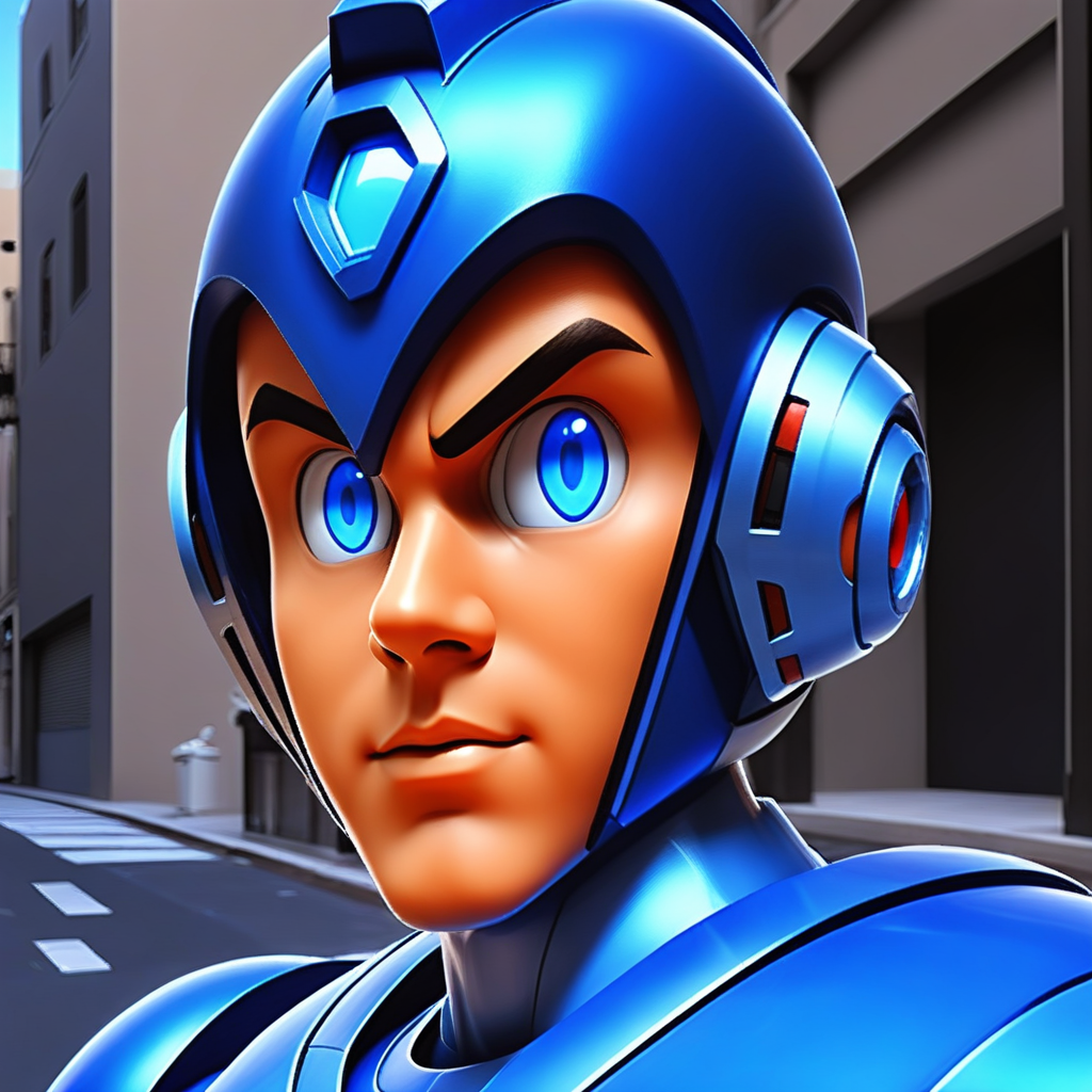 megaman, standing on a street, street level, blue robot, 3d++, smooth, high details, masterpiece, 4k, (handsome teen face), (realistic face:1.5), (high detailed face:1.5), (high detailed eyes:1.5), (serious), (focused)