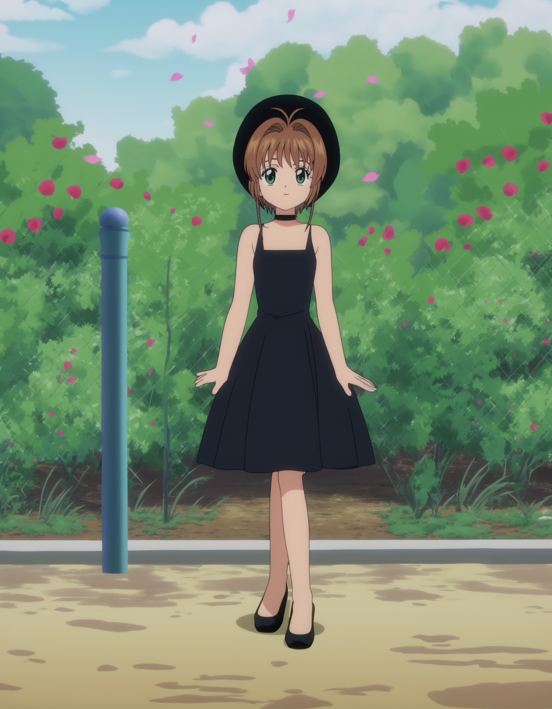 score_9, <lora:sakura_pony_v1:0.7> (kinomoto sakura), anime screencap, looking at viewer, long black dress, hat, 4k, posing, full body, outside