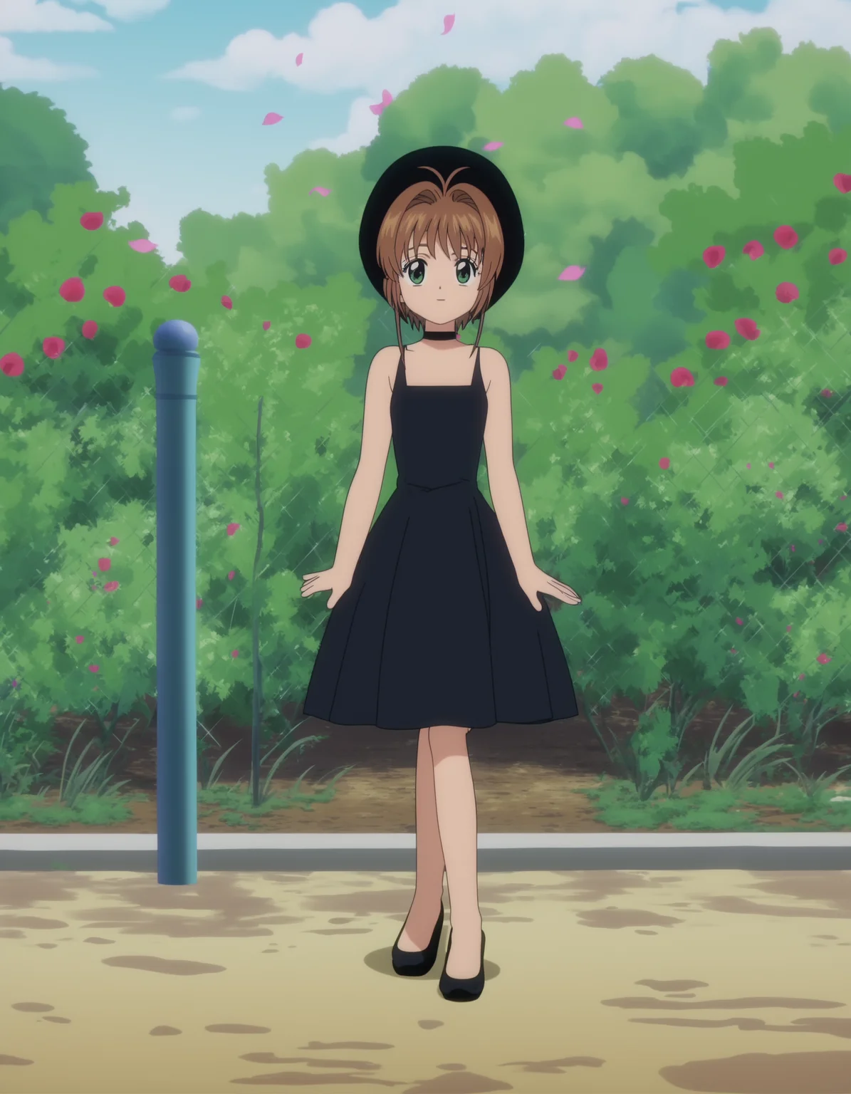 score_9, <lora:sakura_pony_v1:0.7> (kinomoto sakura), anime screencap, looking at viewer, long black dress, hat, 4k, posing, full body, outside