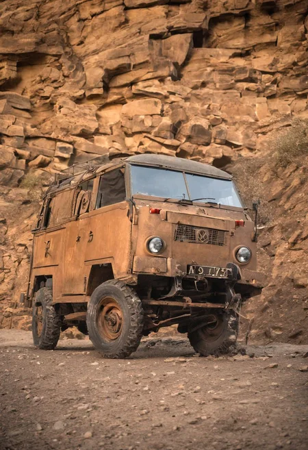 A Volkswagen T1 ((all dirty, rusty in places, a lot of dust, tuned in cyberpunk style)) drives through a canyon with a scared driver, high speed chase in a canyon, being chased by a techno-dinosaur cinematic, dramatic light, in motion, motion blur, < lora:Lightweight_Land_Rover_SDXL:0.7>