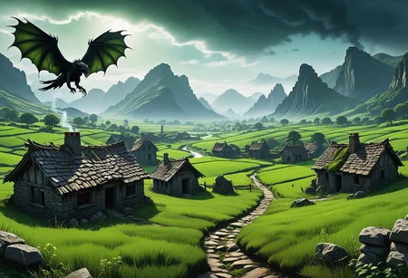 masterpiece, best quality, ultra detailed, 8k, a breathtaking panorama of a death, hidden valley nestled between eerie mountains. The valley should be filled with corrupted trees, creating a dark atmosphere in the landscape. Include a green poisoned river winding through the valley, with a ruined stonebridge spanning its width. Depict a small, rustic village in the distance, with smoke gently rising from the chimneys stone cottages. Add a sense of horror and undead, such as raven grazing peacefully and dragons soaring overhead. Ensure the overall atmosphere is horrorific, capturing the corrupted nature of the undead