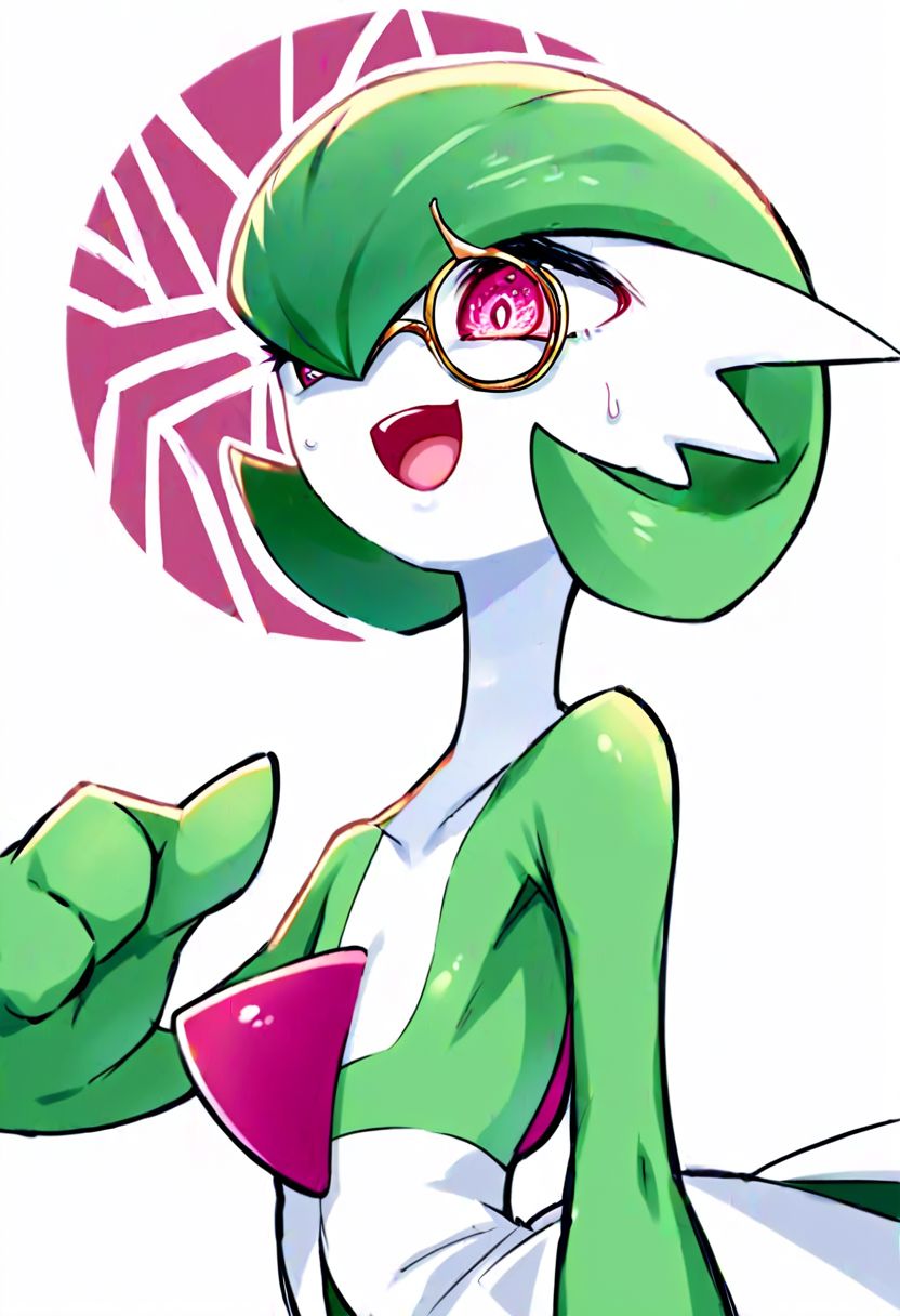 score_9_up, score_8_up, score_7_up, Score_6_up, Score_5_up, Score_4_up, source_anime, (masterpiece, perfectly detailed, detailed face, detailed eyes, beautiful eyes),  8K, extremely detailed, perfect face, PokeMaster_PS, gardevoir_pokemon, monocle, round eyewear, bob cut, colored skin, flat chest, forced smile, green hair, multicolored skin, open mouth, pink eyes, pokemon (creature), simple background, squeezing, sweatdrop, two-tone skin, white background, white skin