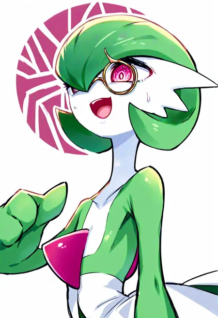 score_9_up, score_8_up, score_7_up, Score_6_up, Score_5_up, Score_4_up, source_anime, (masterpiece, perfectly detailed, detailed face, detailed eyes, beautiful eyes), 8K, extremely detailed, perfect face, PokeMaster_PS, gardevoir_pokemon, monocle, round eyewear, bob cut, colored skin, flat chest, forced smile, green hair, multicolored skin, open mouth, pink eyes, pokemon (creature), simple background, squeezing, sweatdrop, two-tone skin, white background, white skin