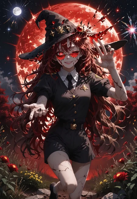 safe_pos, safe_pos, full body,score_9, score_8_up, score_7_up,1girl,anime style,anime,anime girl,long brown hair,(brown hair),long hair,red highlights,red eyes,crystal hair,Lustrous,shiny hair, glistening eyes,red streaks,asymmetrycal hair,messy hair,messy bangs,one eye closed,,big eye,detailed eye,victory hand gesture,cracked face,gem uniform,cracked skin,red and black moon,masterpiece, best quality, very awa, absurdres,dramatic light,smile,medium breast,legs,red moon,starry sky,shiny hair,glossy hair,black flowers,dutch angle,black nails,golden tear,shiny shadow,bottom lip,lighthing,shooting stars in background,vivid colors,vibrant colors,cinematic,epic,red loluts,detailed,blood shiny puddles,witch hat,sunglasses,kawaii,pupils,anime screencap,glowing flowers