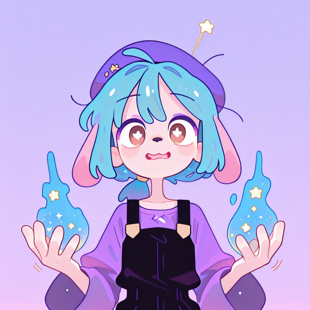 flat color, no lineart, blending, negative space,
masterpiece, best quality, amazing quality, very aesthetic, absurdres, (score_9, score_8_up, score_7_up), 8K, newest, anime coloring, 2d, simple background, lineart, upper body, (foreshortening:1.5), motion lines, looking at viewer, angry face, screaming, screaming, emotional, magic, focus on hands, holds magic in hand, arcane, power, very aesthetic, newest, haiz_ai, no outline, Flatline, Flat vector illustration, amaruu, beret, pastel colors, stars, 1boy, slim_body, flat_chest, (tired:1.5), animal_ears, kemonomimi, solo, androgynous, otoko no ko, light skin, well developed face, brown eyes, big eyes, big pupils, turquoise hair, short hair, floating ahoge, low ponytail, ocean blue ears, large ears, (floppy ears:1.5), (dog ears:1.5), purple shirt, overalls, purple beret, shorts, eyeliner, black eyeliner, purple eyeshadow, fox tail, turquoise tail, small fangs, dog nose, slight smile