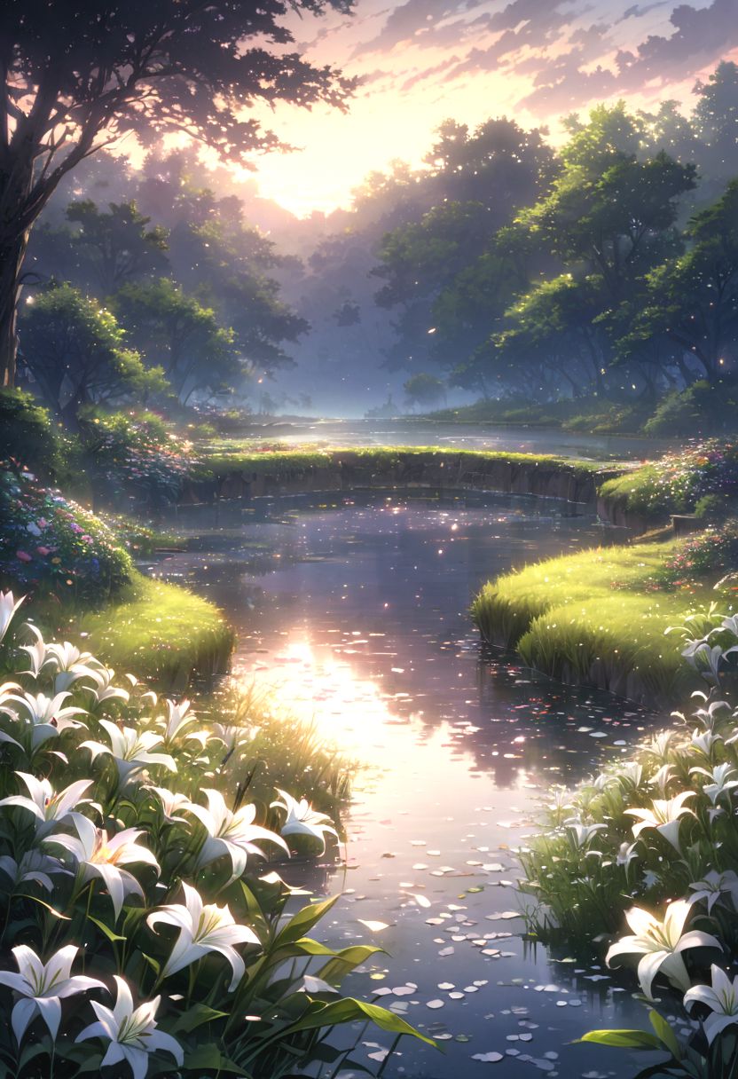 detailed background,( Calm spring night landscape), amongst lush greenery, beautiful view, lily flower in full bloom, lily flower, early morning, sunrise sky, beautiful clouds, dappled sunlight, beautiful, Tranquil Lake, Walkway, petals dancing in the wind, depth of field, masterpiece, best quality, ultra-detailed, very aesthetic, illustration, perfect composition, intricate details, absurdres, moody lighting, wisps of light, no humans,