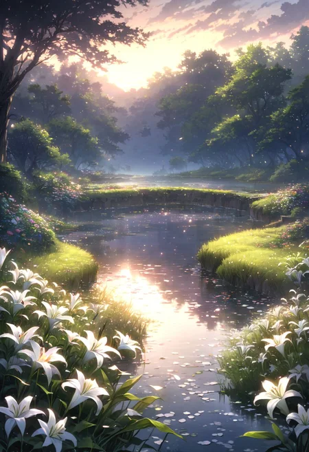 detailed background,( Calm spring night landscape), amongst lush greenery, beautiful view, lily flower in full bloom, lily flower, early morning, sunrise sky, beautiful clouds, dappled sunlight, beautiful, Tranquil Lake, Walkway, petals dancing in the wind, depth of field, masterpiece, best quality, ultra-detailed, very aesthetic, illustration, perfect composition, intricate details, absurdres, moody lighting, wisps of light, no humans,