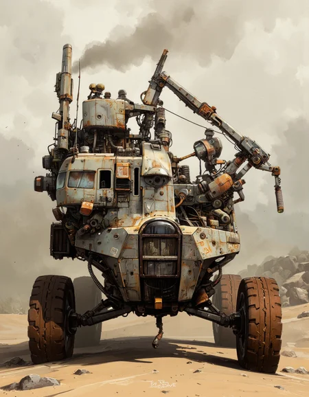 By Ian McQue. A digital illustration shoot from a frontal camera angle about a futuristic, sci-fi-themed vehicle with a large, robotic arm and multiple robotic components, set against a misty, smoky background. the image also shows detailed textures and a signature in the bottom right corner. on the middle of the image, a large robot with a crane-like arm is positioned, facing the viewer. the robot appears to be in a desert-like environment, with a sandy terrain and a distant landscape in the background. it has a sleek, metallic design with a textured surface and intricate details, including large, angular windows and a robotic arm extending from the back. the robotic arm is attached to the back of the robot, and it has multiple robotic parts, including a large antenna and a control panel, as well as several robotic arm attachments. the vehicle has four large, rusted tires, and its body is covered in a variety of mechanical components, giving it a rugged, industrial feel. the overall color palette is muted, with shades of brown and beige, giving the image a sense of depth and atmosphere.