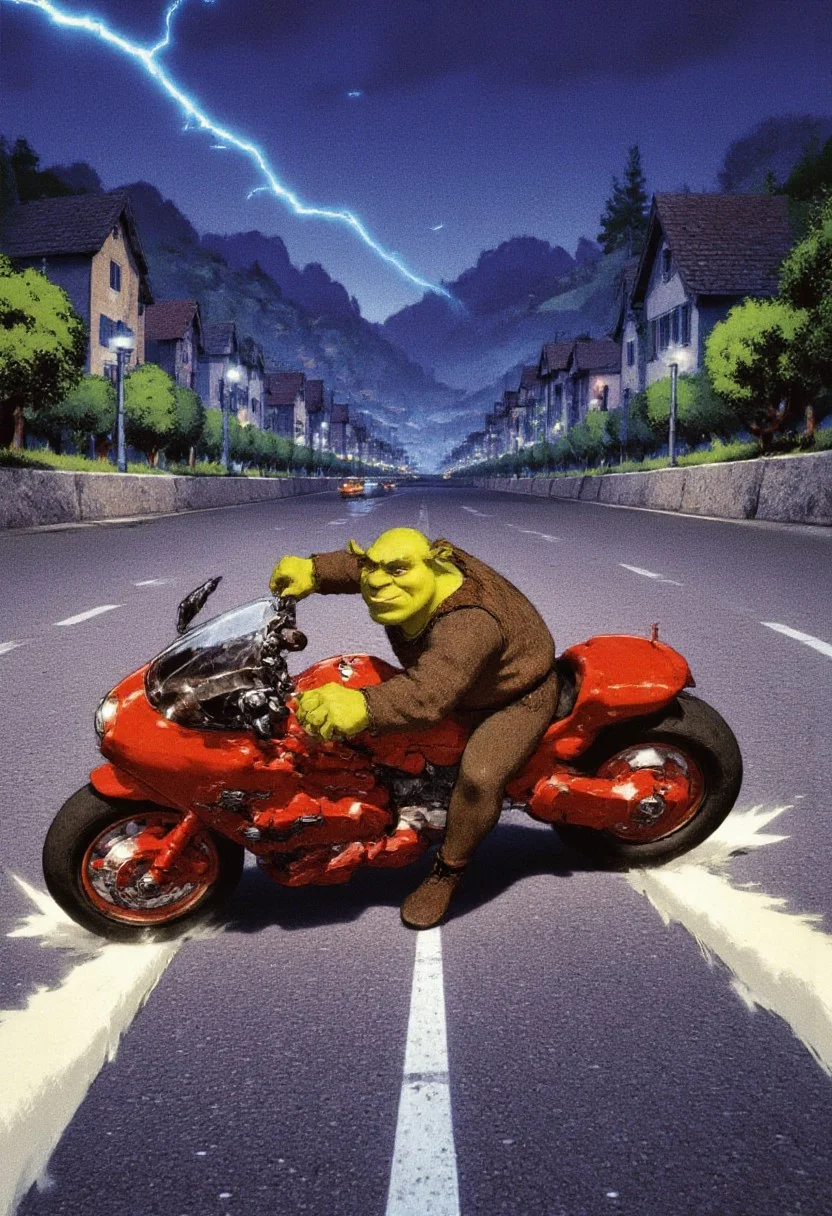 Anime image of Shrek sliding his large red motorcycle across the road, Akira Slide, Shrek