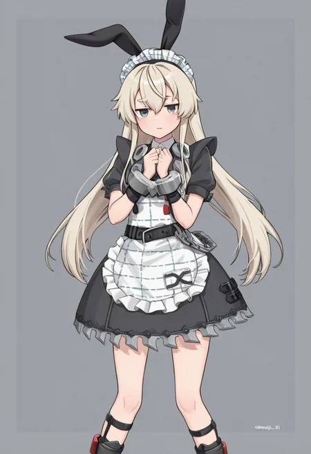 1girl, solo, shimakaze (kancolle), long hair, hairband, rabbit ear hairband, blue eyes, hair ornament, maid headdress, black dress, puffy short sleeves, frilled apron, high belt, chains, shin strap, black wristband, metal cuffs, black boots, frilled dress, striped apron