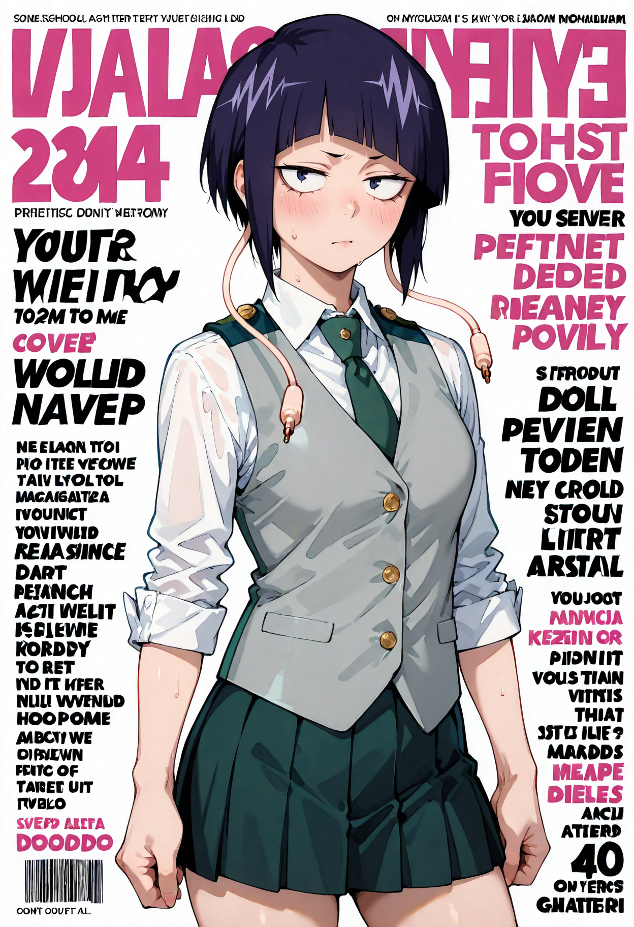 <lora:add-detail-xl:1>,masterpiece,best quality,absurdres,highres,detailed eyes,beautiful,detailed background,perfect eyes,realistic,
<lora:magazine-cover-illustriousxl-lora-nochekaiser:1>,magazine cover,fake magazine cover,english text,cover,fake cover,price,cover page,text focus,barcode,cowboy shot,
<lora:jiro_kyoka:1>,jirou kyouka,1girl,short hair,skirt,school uniform,necktie,blush,u.a. school uniform,shirt,sweatdrop,sleeves rolled up,pleated skirt,bangs,collared shirt,buttons,blunt bangs,long earlobes,long sleeves,sweat,vest,