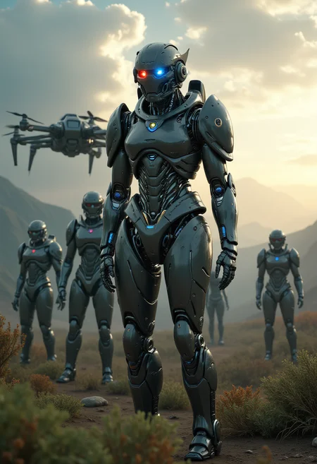 realistic scenery, ultra high quality, very detailed, a gorgeous heavily armored female space marine stands in front of her comrades, natural eye color, a drone supports the squad, hostile foreign planet, gloomy clouds, sunrays, strange foreign flora, extreme close up, Robo, <lora:FluxRoboStyle>