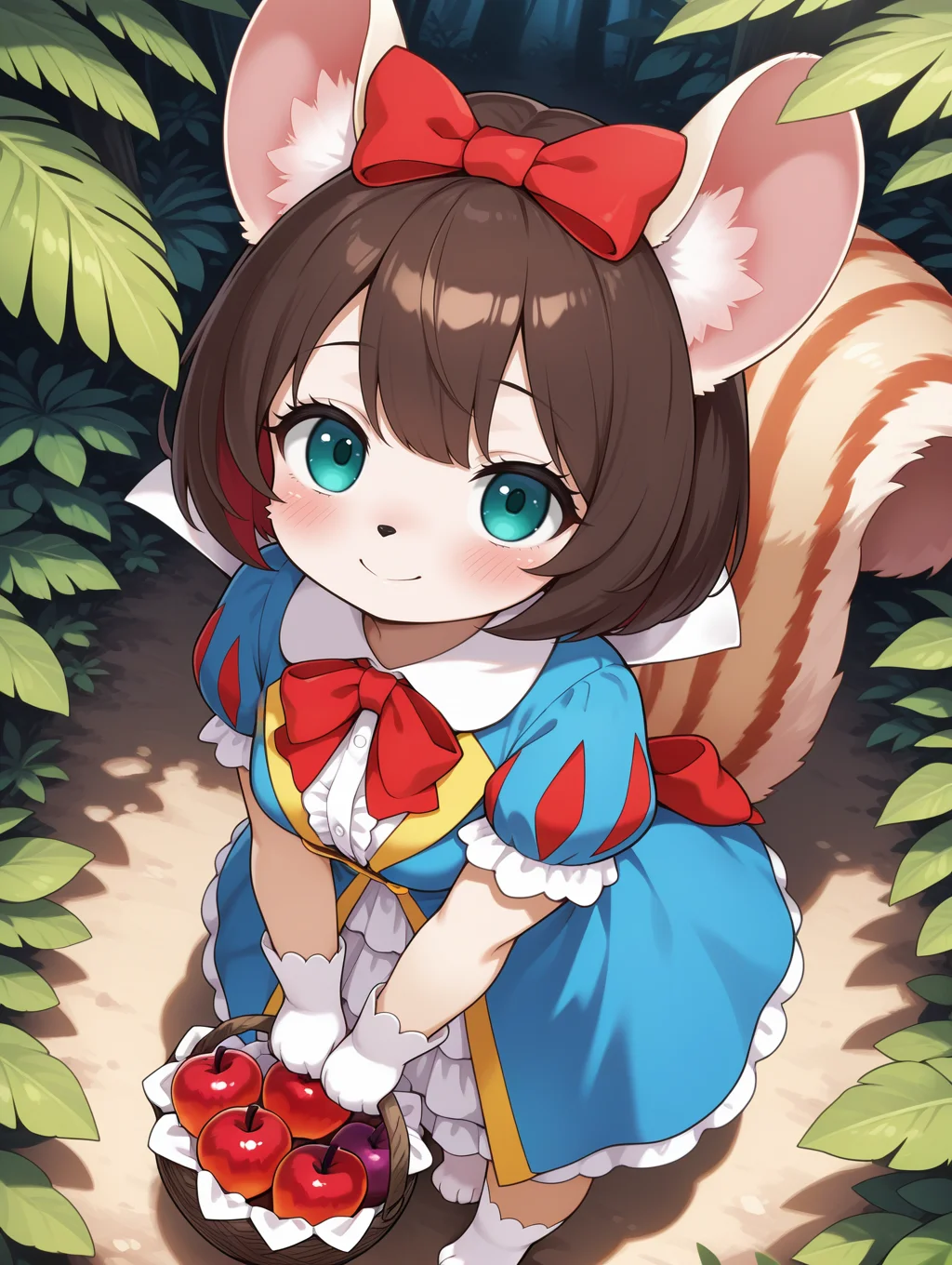 fairy tail - snow, 1girl, apple, solo, smile, white paw gloves, holding backet, looking at viewer, red bow, blush, simple background, tail ornament, blue frilled dress, closed mouth, standing, squirrel girl, white paw socks, from above, animal nose, body fur, jungle,
masterpiece,best quality,amazing quality,very aesthetic,absurdres,newest,<lora:Fairy Tail snow illuXL v1.1:0.77>,