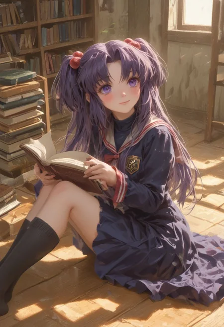Masterpiece, official art, high resolution,score_9, score_8_up, score_7_up, score_6_up, rating_safe, semi-realistic, library, sitting, m legs, <lora:ichinose-kotomi-xl-20:1.2>, ichinose kotomi, realistic skin texture, clannad uniform, blue skirt,long skirt, black socks, two side up, holding a book, looking up, smile,extreme detailed