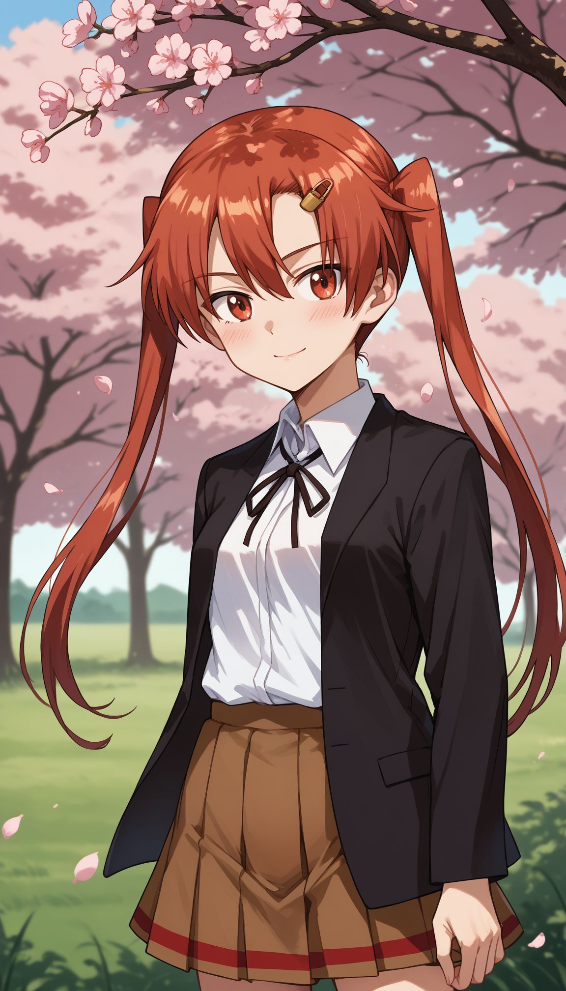 score_9, score_8_up, score_7_up, source_anime,
outdoors,cherry blossoms,standing,cowboy shot,smile, flower field
 <lora:Emi_Nakasuga (Girls und panzer):1> emi_nakasuga (girls und panzer), twintails, long hair, hair ornament, hairclip, red hair, 
Emi_Nakasuga (Girls und panzer), 1girl, twintails,, hair ornament, school uniform, hairclip, red eyes, pleated skirt, looking at viewer, simple background, white shirt, blush, red hair, black jacket, , neck ribbon, open clothes, long sleeves, black ribbon, brown skirt, blazer,