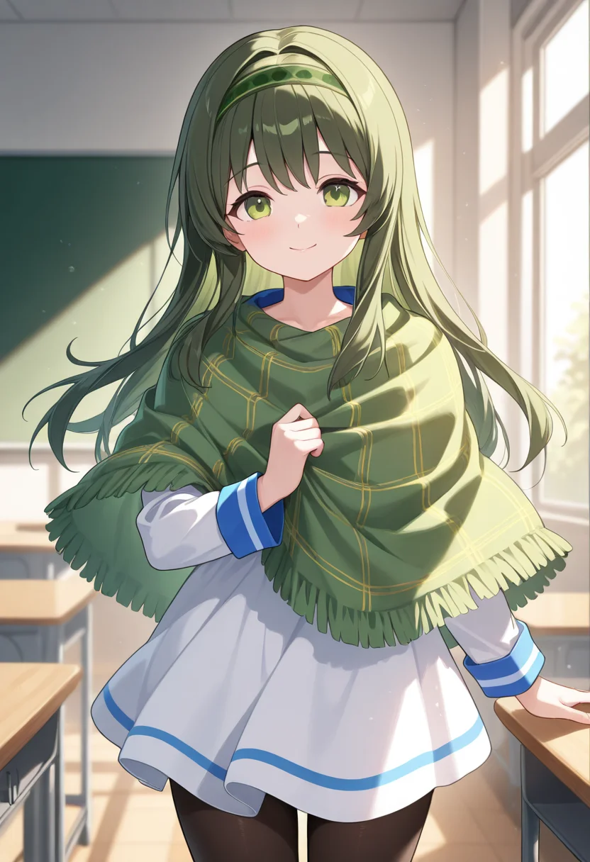 1girl,solo,<lora:shironail-000011:0.9>,tsukisuzu_shirona,green eyes,green hair,long hair,green hairband,dress,white dress,long sleeves,pantyhose,black pantyhose,plaid,green shawl,looking_at_viewer,cowboy_shot,smile,closed mouth,day,classroom,incredibly absurdres,masterpiece,best quality,good quality,newest,