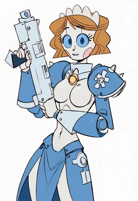 score_9, score_8_up, score_7_up, score_6_up, BREAK, solo, 1girl, robot, emmytr, blue eyes, brown hair, large breasts, pale skin, white skin, holding a bltgun bolter weapon, looking at viewer, Sororitas, s0r0r1t@s, armor, shoulder armor, power armor,