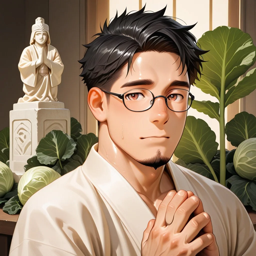 masterpiece, best quality, amazing quality, absurdres, newest, detailed background, definition so sharp, Ultra-HD, 8K cinematic, very awa, impressionate, amazing quality, highres,
solo, male focus, manly, shadow, shiny skin, pastel colors, warm color, delightful,
a praying statue, glass shard, BREAK ettaphyl (1boy, bara, short hair, black hair, brown eyes, glasses, goatee,), extream close-up, robe made of cabbage, cjdl, vegetable, cabbages