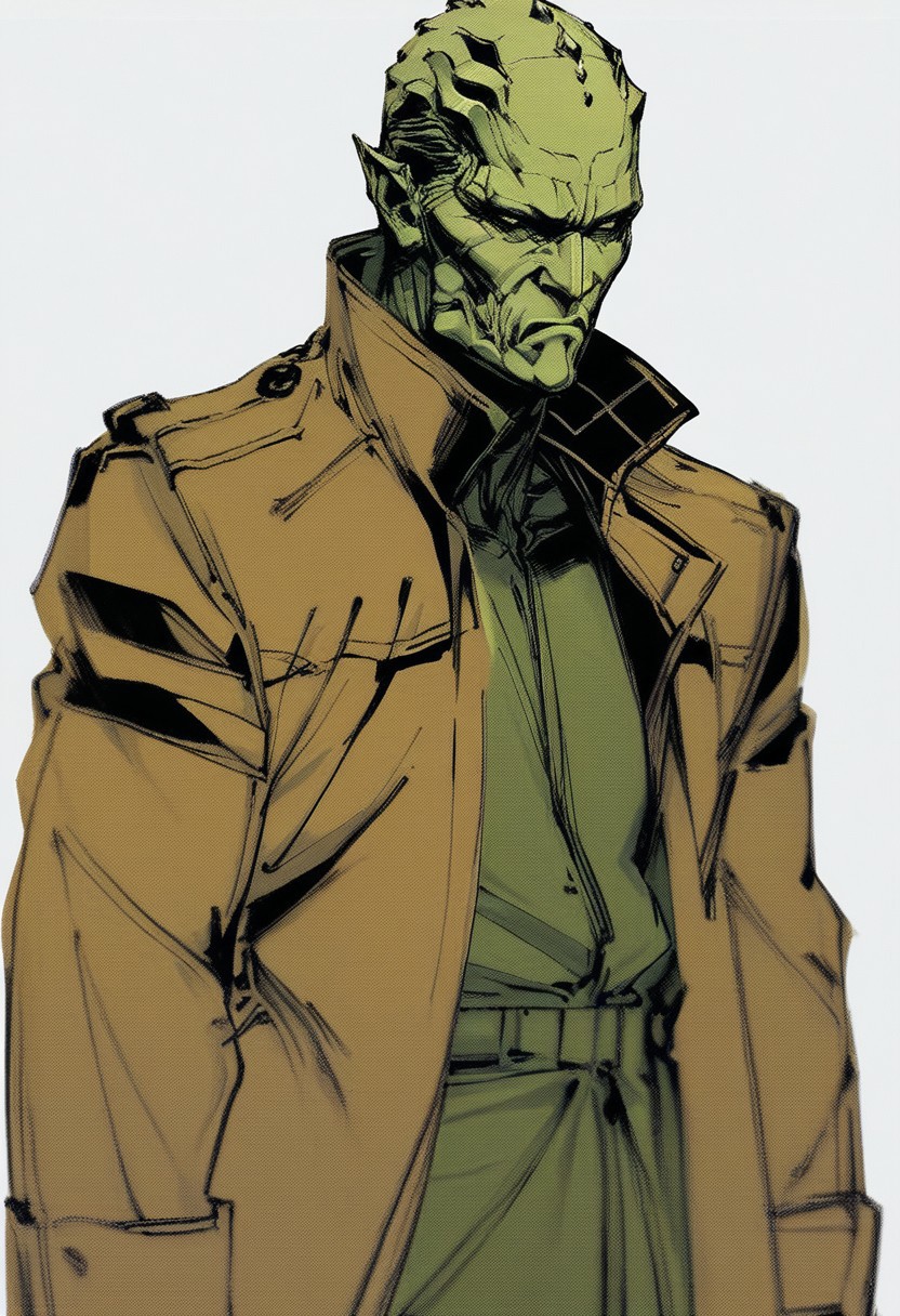 yoji_shinkawa, green alien , Male, trenchcoat,  serious  <lora:Yoji_v2-000014:0.9>, score_8_up, score_7_up, score_6_up