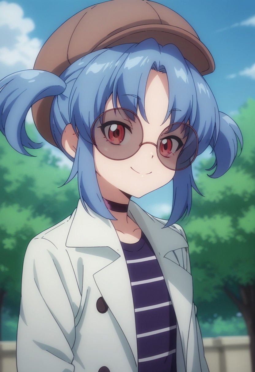 score_9, score_8_up, score_7_up, source_anime, highly detailed, 
1girl, solo, blue hair, hat, brown headwear, smile, abcoat, twintails, sunglasses, striped, short hair, red eyes, glasses, short twintails, round eyewear, tinted eyewear, upper body, looking at viewer,
outdoor, sky, tree, cloud