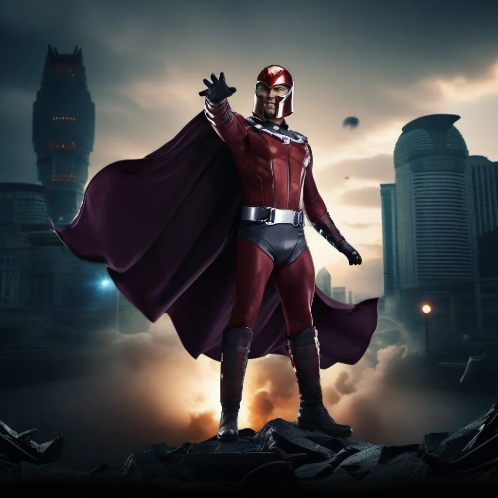 full body man with a helmet and a cape casting a powerfull spell, city background<lora:Magneto1024:0.8>