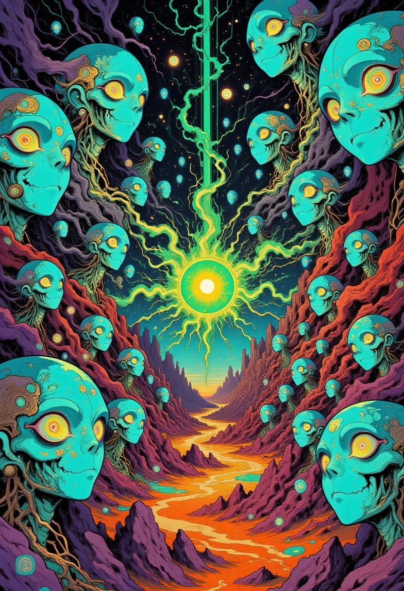 An infinite, seamlessly tiling psychedelic landscape of interconnected, mask-like faces — bold, radiant visages in luminous azure blues, covered in swirling fractal patterns and countless all-seeing eyes. The eyes glimmer with electric blues, neon yellows, and iridescent purples, their spiraling, prismatic pupils radiating rainbow-colored energy, evoking heightened mystical perception. The faces stretch into infinity, forming a surreal, kaleidoscopic grid of shared consciousness. The background bursts with web-like neural networks, cosmic patterns, and pulsating mandalas in vibrant reds, magentas, teals, and ultraviolet hues. At the center, a vortex of fractal light spirals endlessly in luminous green, radiant pink, and glowing gold, pulling the viewer into a dimension of transcendent awakening. The entire scene feels alive — breathing, shifting, merging in a cosmic dance of unity and awareness.
Style: visionary art, psychedelic surrealism, fractal fantasy, cyber-organic dreamscape, extremely detailed, vibrant, chaotic yet harmonious.
Important: Seamless repeating pattern, RPS tileable, infinite connection on all edges.
