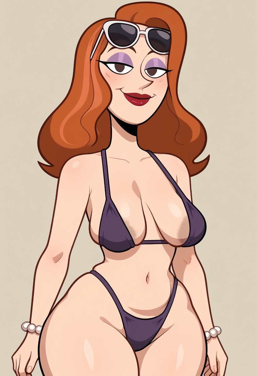 solo,Dorothea Davenport from TGAMM,brown dot eyes,cheekbone,orange hair,long hair,slinhsgot bikini,,sunglasses on head,purple eyeshadow,red lipstick,medium breasts,small waist,huge hips,looking at viewer,smile,closed mouth,pearl bracelet,sagging breasts
