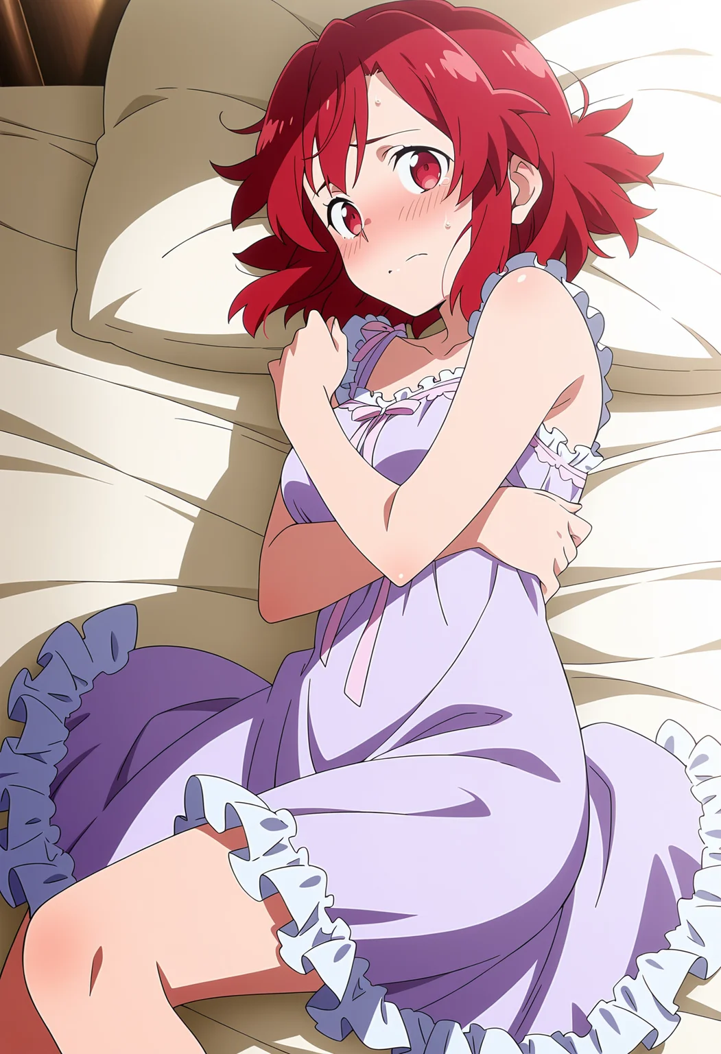 anime screencap, anime coloring, detailed face, masterpiece, best quality, very aesthetic, absurdres, volumetric lighting, official style, amazing quality, ultra detailed, highres, amazing quality, 1girl, solo, <lora:Izetta [Illustrious] Izetta The Last Witch:1>, Izz, red hair, red eyes, short hair, nightgown, purple dress, sleeveless dress, frilled dress, lying, from above, embarrassed, self hug, bedroom, on bed,