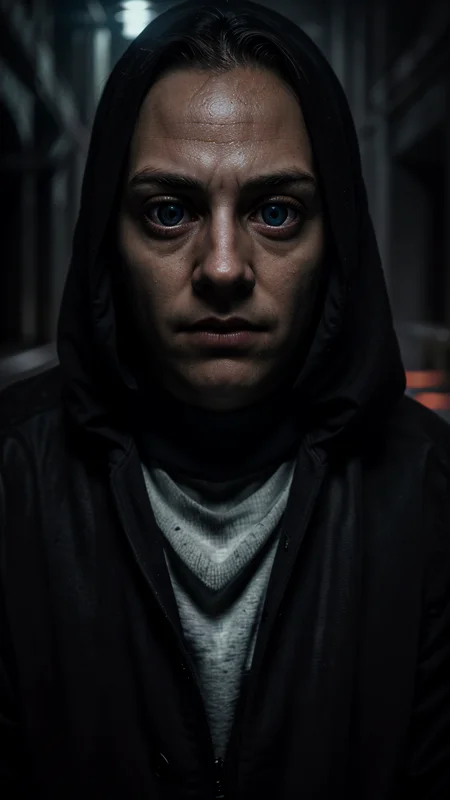 the first time you saw his face, portrait, detailed, hyperrealistic, dark and eerie atmosphere, extreme close up of eyes, glowing eyes, bright eyes, intense gaze, cinematic, portrait, 4k resolution, haunting