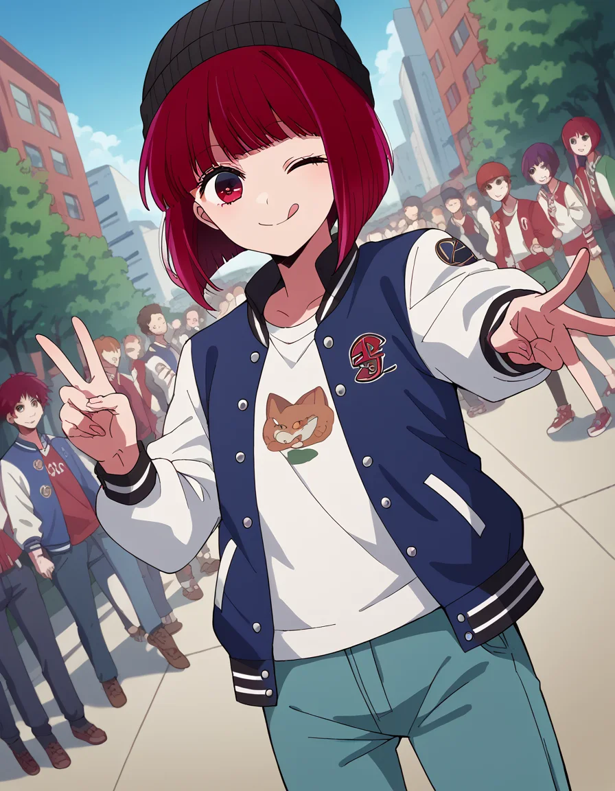 score_9, score_8_up, score_7_up, source_anime, kanaarima, <lora:kana-arima-s1-ponyxl-lora-nochekaiser:1>, kana arima, short hair, bangs, red eyes, red hair, bob cut,, <lora:letterman-jacket-ponyxl-lora-nochekaiser:1>, letterman jacket, jacket,, outdoors, crowd, people, v, v over eye, one eye closed, tongue out, smile, beanie, pants, open clothes, open jacket,, cowboy shot, solo, looking at viewer, dutch angle,