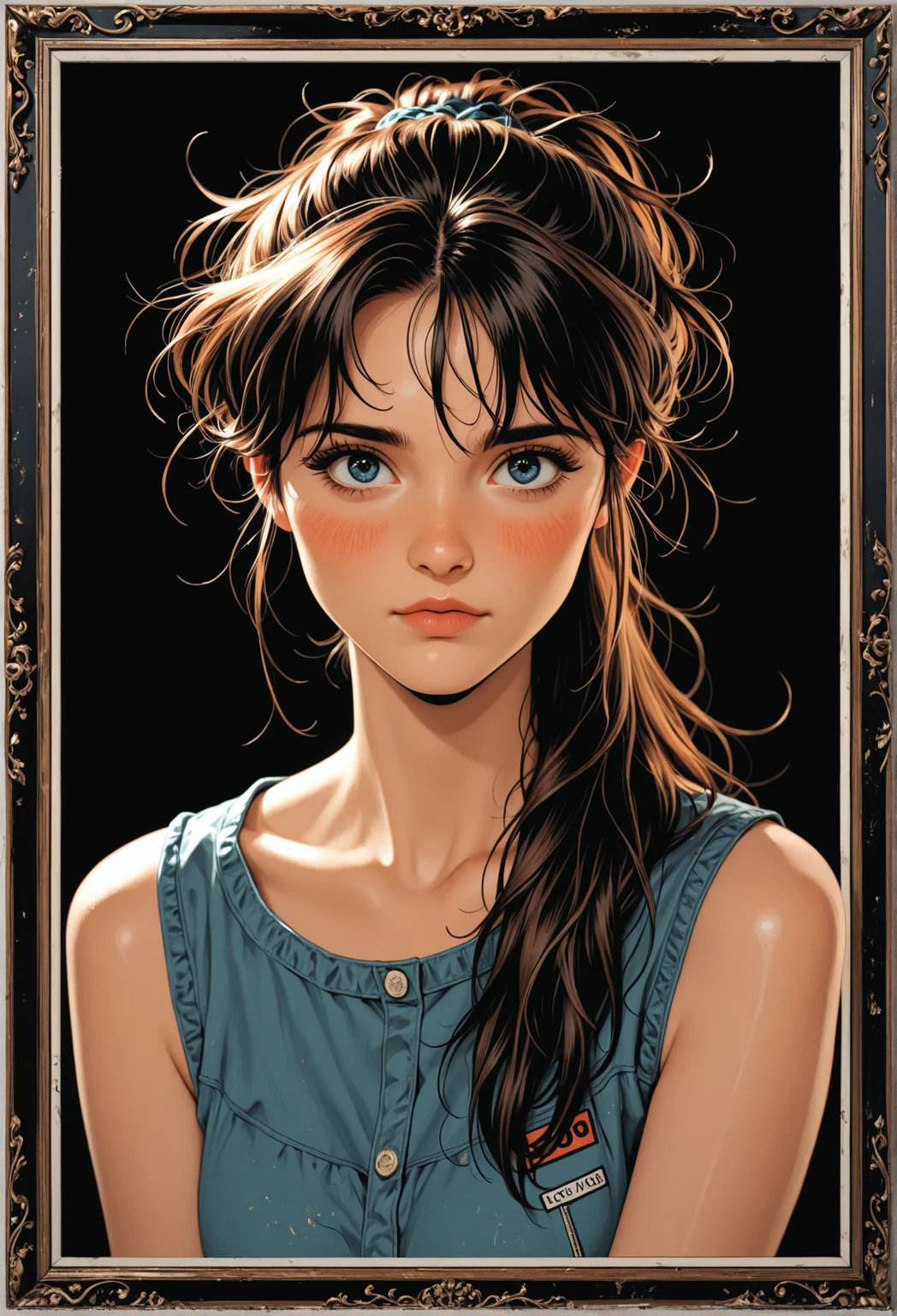 masterpiece, detailed_eyes, high_quality, best_quality, highres, subject_focus, depth_of_field,
woman, black_hair, brown_hair, asymmetrical_bangs, one_eye_visible, hair_between_eyes, ponytail, messy_hair, joy, messy_hairdo, hair_over_eyes, long_hair, french_braid, blue_eyes, blush, looking_at_viewer,
black_background, (frame_border),
retro, grunge, popart,
looking_down_at_camera,