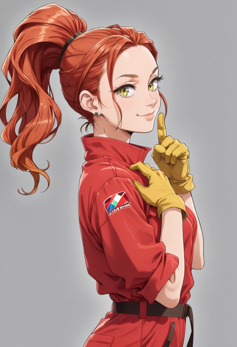 Masterpiece, mars_hdt, gorgeous, high quality, 1girl, solo, red hair, green eyes, red jumpsuit, ponytail, yellow gloves, green shoes, side view, looking at viewer, head tilt, seductive smile, finger on cheek, perfecteyes, highly detailed