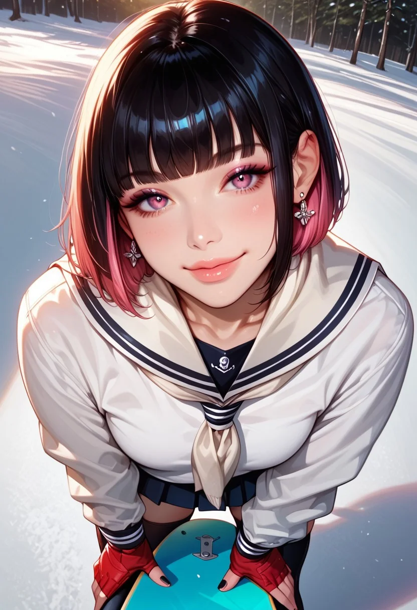 (score_9, score_8_up, score_7_up), best quality, ultra highres, realistic:0.7, solo, girl, 22 year old, silk black hair with pink highlights, straight short hair, hime cut, bangs, big bright eye, flat perky chest, sexy pink lips, half lips, detailed eyes, eyeshadow, shy, cute smile, a quarter closed eyes, BREAK slim figure, tall body, wide hips, shiny pale skin, outstanding style, sexy, pale skin, smart looking, Expressive, standing in ski resort, snowboard((standing by snowboard, wearing sailor uniform, pleated skirts, thigh highs boots, warm scarf, red gloves)), spread legs, legs spread, pensive, light smile, closed mouth, presenting her face, horny, face focus, looking at viewer, eye contact, face focus, tight ass, sexy face, black nail polish, pensive, light smile, closed mouth, presenting her breast, horny, breast focus, foot fetish, relaxed, looking at viewer, eye contact, face closeup, earrings, detailed face, detailed skin, sexy, rim lighting, two-tone lighting, low key, (extremely closed-up, near viewer), god rays of light, high angle,