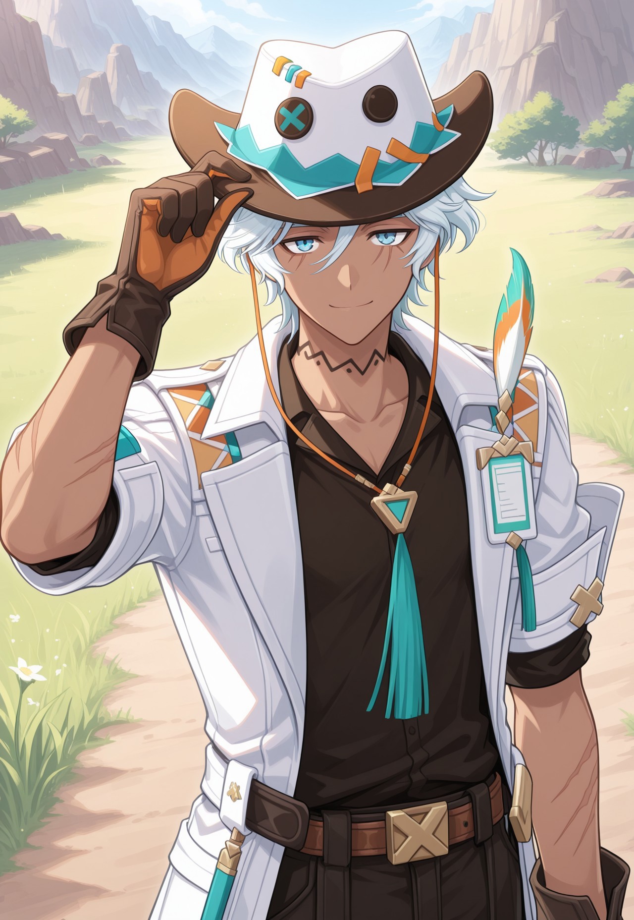 masterpiece,best quality,amazing quality, source_anime,

ifagimpa, 1boy, male focus, solo, dark skin, dark-skinned male, blue eyes, white hair, hat, cowboy hat, white headwear, neck tattoo, collarbone, shirt, black shirt, coat, white coat, short sleeves, open coat, scar on arm,  gloves,smile, outdoor, looking at viewer,