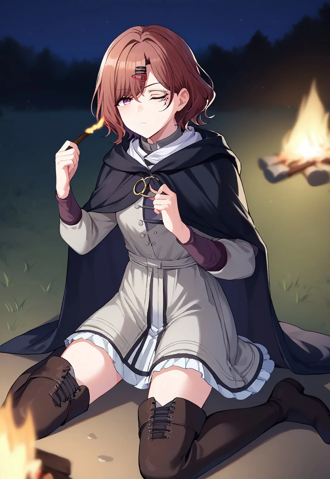score_9,score_8_up,score_7_up, 1girl, higuchi madoka, short hair, brown hair, purple eyes, hairpin, IncrsMelina, scar across eye, facial tattoo, one eye closed, black cloak, hooded cloak, hood down, grey dress, long sleeves, cape, thigh boots, campfire, kneeling, night,