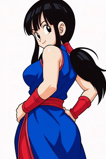 source_anime, score_9, score_8_up, score_7_up, anime screencap,8k, absurdres,
chi-chi, aged up, 1girl, solo, long hair, breasts, looking at viewer, smile, bangs, simple background, black hair, white background, blue dress, bare shoulders, medium breasts, ponytail, sidelocks, sleeveless, looking back, red pants, blunt bangs, black eyes, eyelashes, chinese clothes, red wristband, china dress, hands on hips, (from behind)
 <lora:chichidb_pony_v2:0.8>